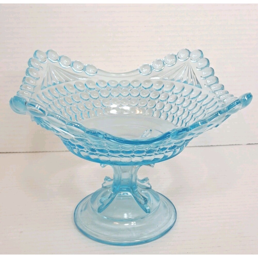 1880s Thousand Eye Pattern Compote Candy Dish Ice Blue Aqua US Glass Co Antique